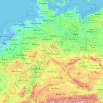 Mapa topográfico Alemania, altitud, relieve