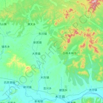 Mapa topográfico Mulan County, altitud, relieve