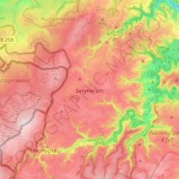 Mapa topográfico Simmerath, altitud, relieve