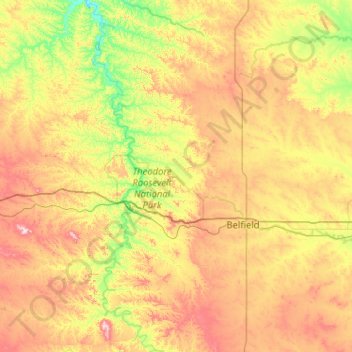 Mapa topográfico Billings County, altitud, relieve