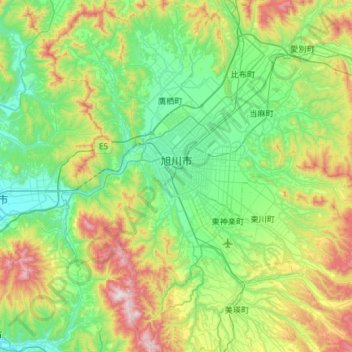 Mapa topográfico Asahikawa, altitud, relieve