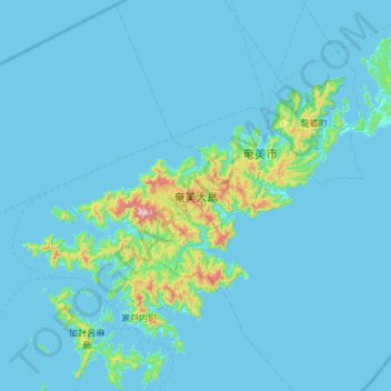 Mapa topográfico 奄美大島, altitud, relieve