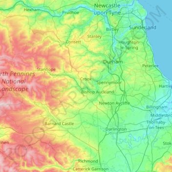 Mapa topográfico Durham, altitud, relieve