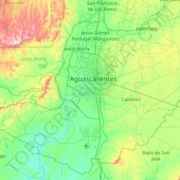 Mapa topográfico Aguascalientes, altitud, relieve