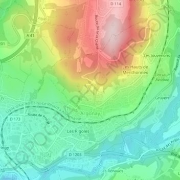 Mapa topográfico Argonay, altitud, relieve