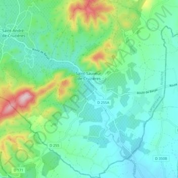 Mapa topográfico Saint-Sauveur-de-Cruzières, altitud, relieve