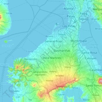 Mapa topográfico Cavite, altitud, relieve