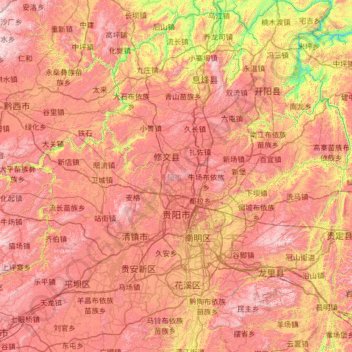 Mapa topográfico Guiyang, altitud, relieve