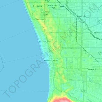 Mapa topográfico Redondo Beach, altitud, relieve