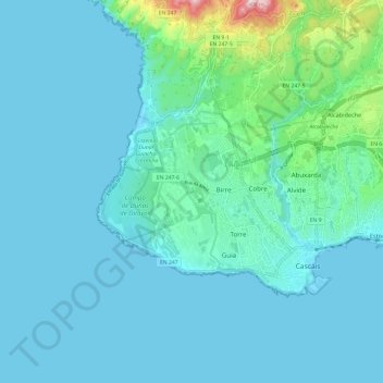 Mapa topográfico Cascais e Estoril, altitud, relieve