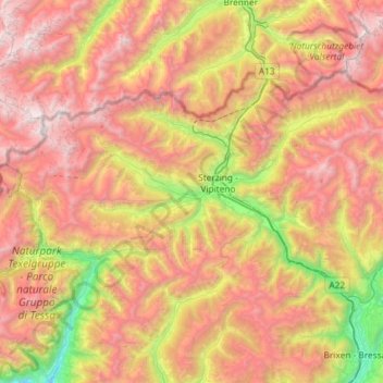 Mapa topográfico Wipptal - Alta Vall'Isarco, altitud, relieve