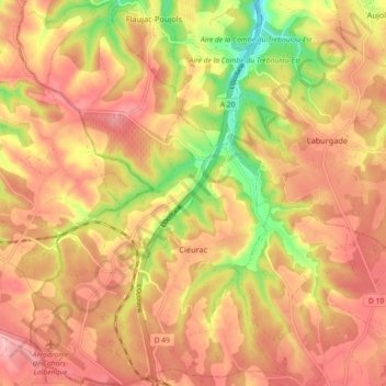 Mapa topográfico Cieurac, altitud, relieve