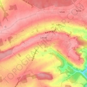 Mapa topográfico Lesve, altitud, relieve