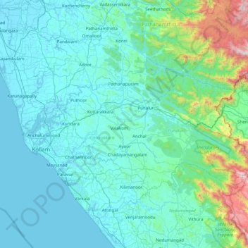 Mapa topográfico Kollam, altitud, relieve