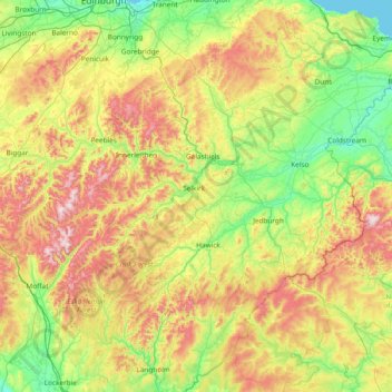 Mapa topográfico Scottish Borders, altitud, relieve
