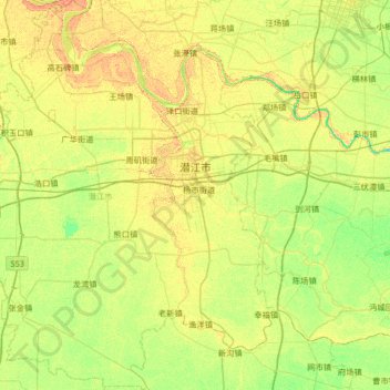Mapa topográfico Qianjiang City, altitud, relieve