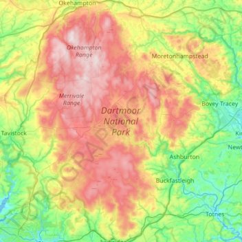 Mapa topográfico Dartmoor National Park, altitud, relieve