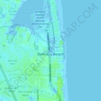 Mapa topográfico Bethany Beach, altitud, relieve