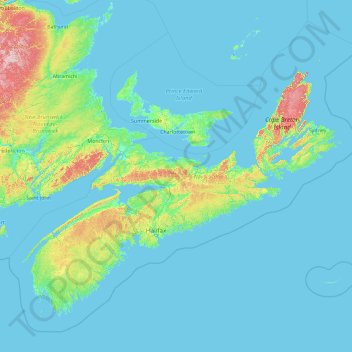 Mapa topográfico Nova Scotia, altitud, relieve