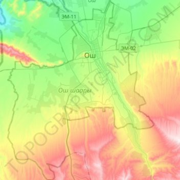 Mapa topográfico Osh, altitud, relieve