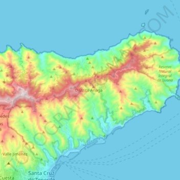Mapa topográfico Anaga, altitud, relieve