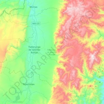 Mapa topográfico Tlaltenango de Sánchez Román, altitud, relieve