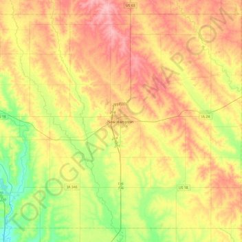 Mapa topográfico Chickasaw County, altitud, relieve