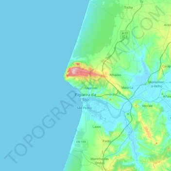 Mapa topográfico Figueira da Foz, altitud, relieve