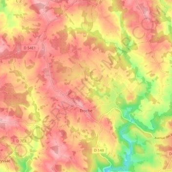 Mapa topográfico Troche, altitud, relieve