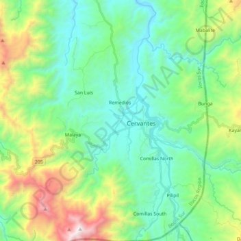 Mapa topográfico Cervantes, altitud, relieve