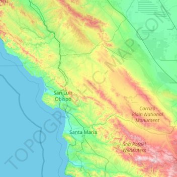 Mapa topográfico Condado de San Luis Obispo, altitud, relieve
