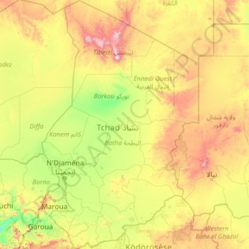 Mapa topográfico Tschad, altitud, relieve