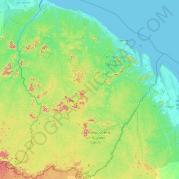 Mapa topográfico Französisch-Guayana, altitud, relieve