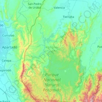 Mapa topográfico Tierralta, altitud, relieve