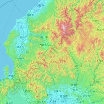Mapa topográfico Prefectura de Fukui, altitud, relieve