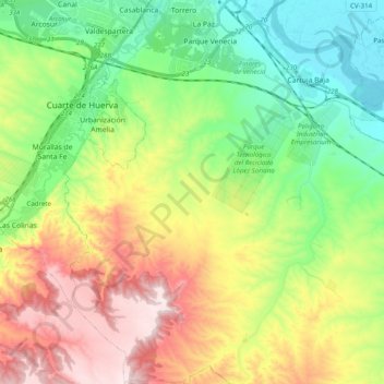 Mapa topográfico Torrero-La Paz, altitud, relieve