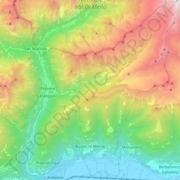 Mapa topográfico Buglio in Monte, altitud, relieve