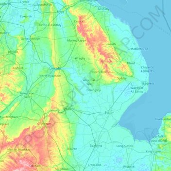 Mapa topográfico Lincolnshire, altitud, relieve