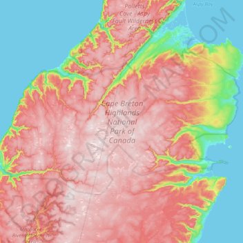 Mapa topográfico Cape Breton Highlands National Park of Canada, altitud, relieve