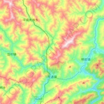 Mapa topográfico 平通镇, altitud, relieve