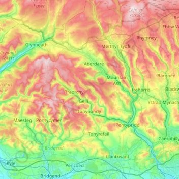 Mapa topográfico Rhondda Cynon Taf, altitud, relieve