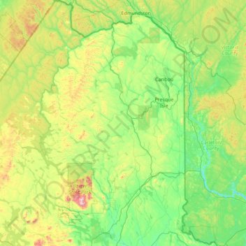 Mapa topográfico Aroostook County, altitud, relieve