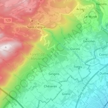 Mapa topográfico Gingins, altitud, relieve
