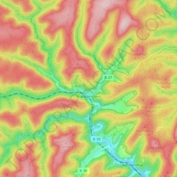 Mapa topográfico Frankenstein, altitud, relieve