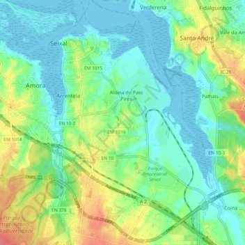 Mapa topográfico Seixal, Arrentela e Aldeia de Paio Pires, altitud, relieve