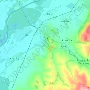 Mapa topográfico Holíč, altitud, relieve