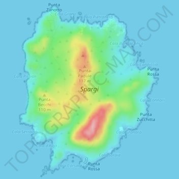 Mapa topográfico Spargi, altitud, relieve