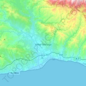 Mapa topográfico Vélez-Málaga, altitud, relieve