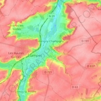 Mapa topográfico Morigny-Champigny, altitud, relieve