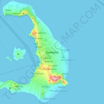 Mapa topográfico Santorini, altitud, relieve